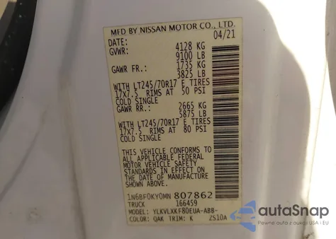2021 Nissan Nv Cargo Nv2500 Hd Sv Standard Roof V6 from USA, damaged, VIN 1N6BF0KY0MN807862